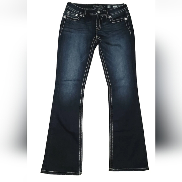 Miss Me jeans Sz 28 Signature Boot Stretch Denim Low Rise Red Bling Dark EUC - Picture 5 of 14